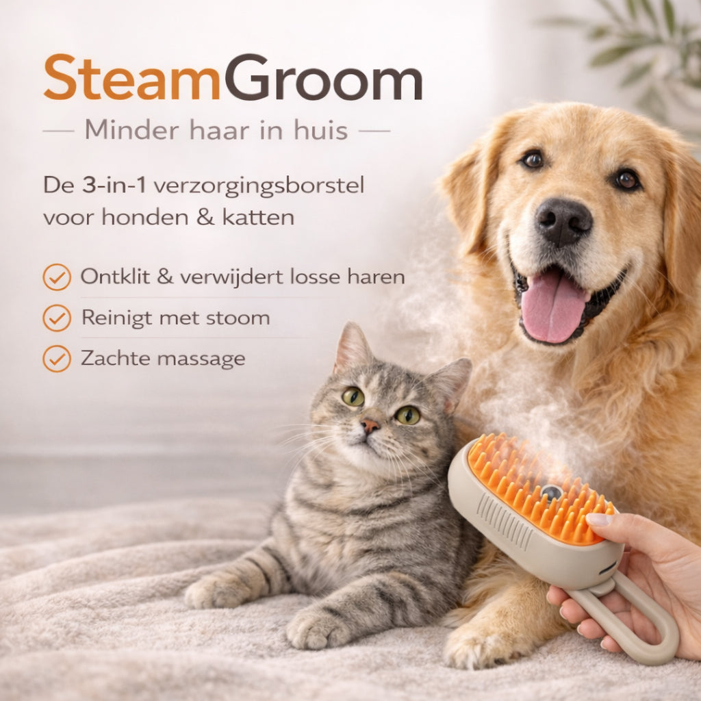 SteamGroom™ 3-in-1 Pet Steam Brush | Verwijder Katten- en Hondenhaar